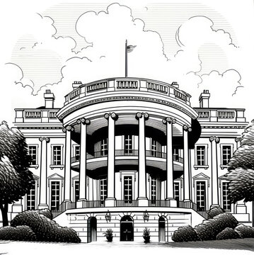Digital AI-Enhanced Monochrome Print of White House - Timeless Architectural Masterpiece, Ink, Black, and White