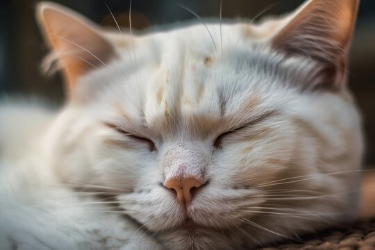 A sleeping plump white British cat with long, dazzling white whiskers and closed eyelids is depicted in close up macro photography of a household animal on a beautiful summer day. Generative AI