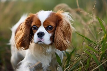 Cavalier King Charles Spaniel dog outdoor photograph. Generative AI