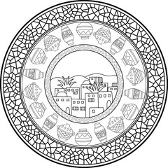 Coloring page of ancient middle east city. Mosaic frame mandala, decorative element