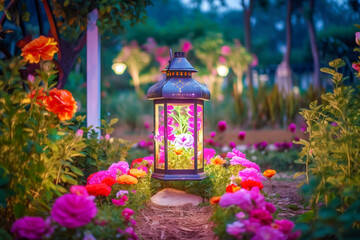 Fototapeta na wymiar A lantern is surrounded by flowers and a garden full of flowers. made with generative AI