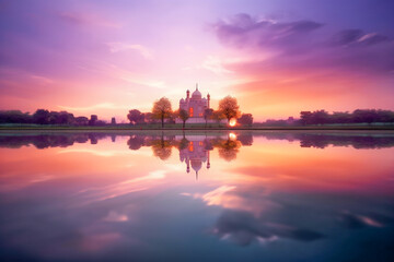 Fototapeta premium A castle in the sky with the sun setting behind it made with generative AI