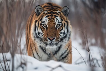 Tiger follows the prey. In the dead of winter, hunt for prey in Tajga. Tiger in the raw winter landscape. Animal in peril in an action scene. Snowflake and a stunning Siberian tiger in Tajga, Russia