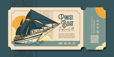Transportation event voucher ticket with Pinisi Boat South Sulawesi hand drawn illustration - obrazy, fototapety, plakaty