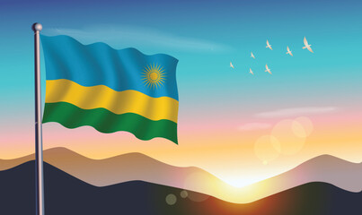  Rwanda flag with mountains and morning sun in background