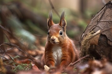 A red squirrel is depicted in detail in its natural habitat. Red squirrel of Eurasia, Sciurus vulgaris. Red squirrels of Europe (Sciurus vulgaris) in their natural habitat. Generative AI