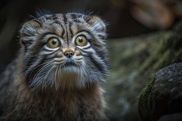 Naklejka na ściany i meble One adorable Manul kitten (also known as the Pallas's cat or Otocolobus manul) is seen in an up close, low angle photograph. Generative AI