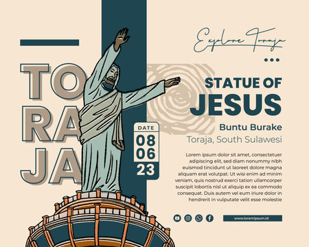 Jesus statue in toraja village called buntu burake indonesia culture handrawn illustration