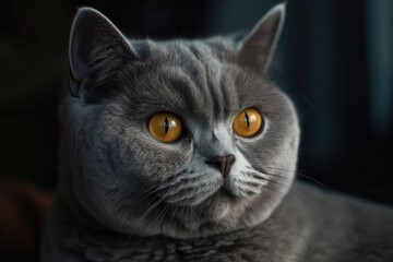 A lovely gray British cat with golden eyes. Generative AI