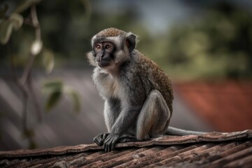 Obraz premium The primate is perched on the roof. Generative AI