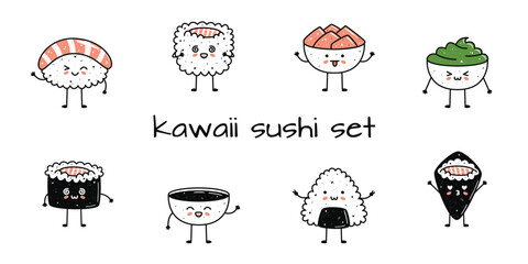 Set of kawaii sushi mascots in cartoon style. Different types of sushi
