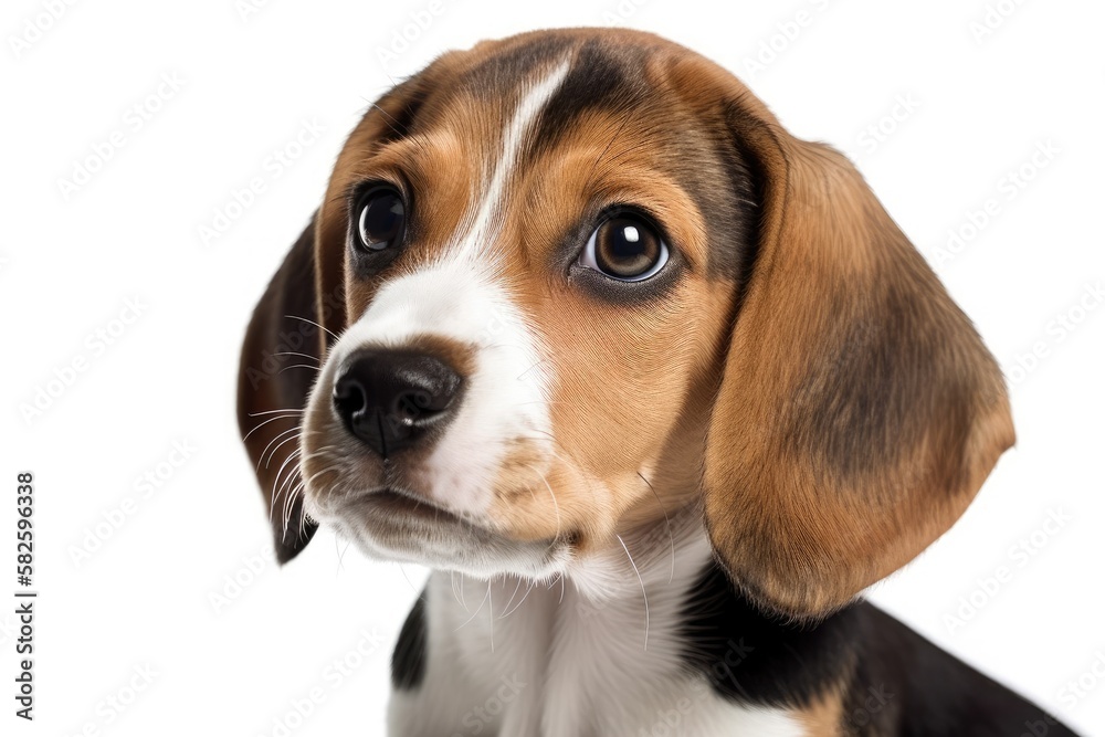 Sticker Beagle puppy dog with an upward and away gaze. isolated against a white backdrop. Generative AI