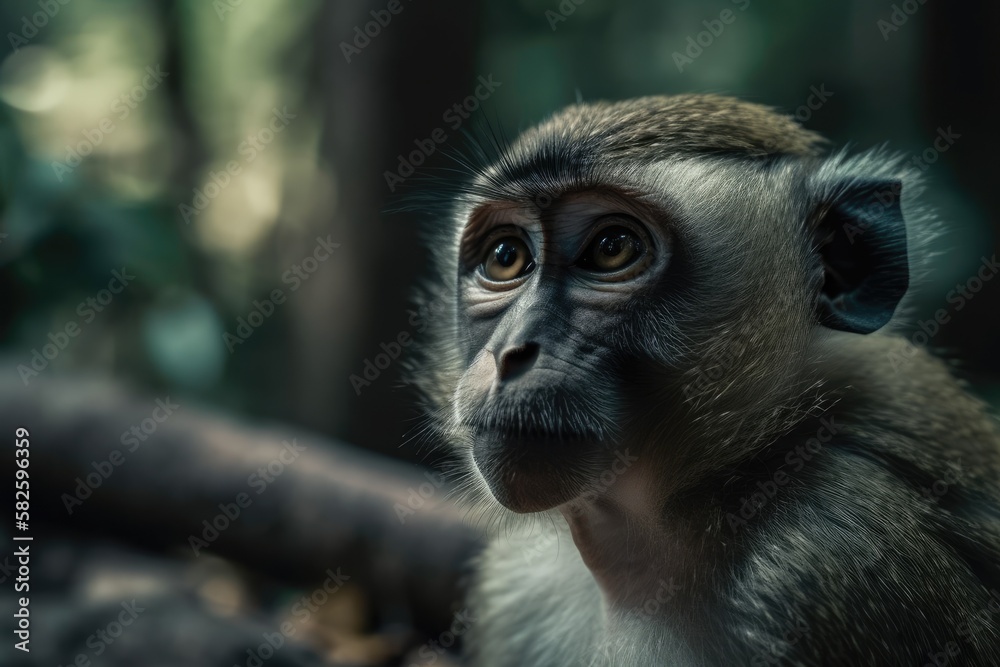 Sticker Close up photo of an animal wild life in nature The monkey is looking at something in a public park in Udonthani, Thailand, in a vintage cinema manner. Focused attention. Generative AI