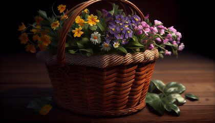 Fototapeta na wymiar Fresh flowers in wicker basket on rustic wood ,generative AI