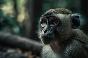 Obraz premium Close up photo of an animal wild life in nature The monkey is looking at something in a public park in Udonthani, Thailand, in a vintage cinema manner. Focused attention. Generative AI