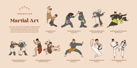 Isolated Indonesian various Martial Art Handdrawn Illustration