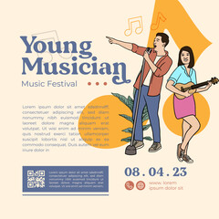 Singer and Band Player hand drawn illustration for Music festival poster design template