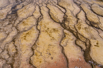 Closeup of Sinter terraces at the geyser field of El Tatio, Chile. When hot springs overflow they often form a rock made of very fine-grained silica, that takes the form of flats, terraces and mounds.