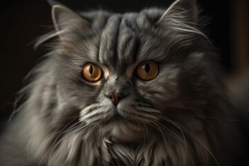 Naklejka na ściany i meble Close up of a cute british longhair cat with yellow eyes. Generative AI