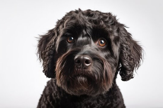 Isolated on a white background, a portrait of a curly black labradoodle dog looking at the camera. Generative AI