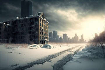 Winter wasteland of a deserted city. Abandoned frozen buildings, after apocalypse. Generative AI