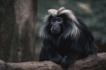 Fototapeta na wymiar Macaca silenus, a lion tailed macaque, resting on a log in a zoo. Generative AI