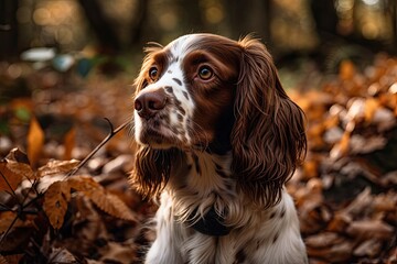 A sweet spaniel dog is portrayed in a leaf covered, sunlit fall forest. Generative AI