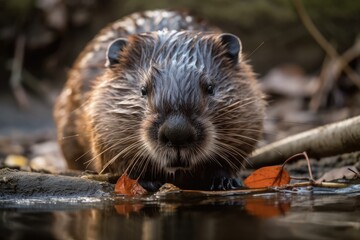 Eurasian beaver in closeup (Castor fiber). Generative AI - obrazy, fototapety, plakaty