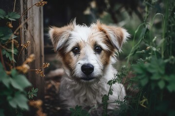 Outside, the dog is playing. A curious dog stares at the camera. Generative AI
