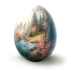 Painted 3D Easter Egg with a beautiful meadow in the spring, and has a shadow. Isolated on transparent background.  Created using Generative AI.