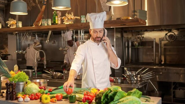Portrait of beautiful professional cook talking on phone before cooking dishes. Attractive famous chef with beard and white uniform standing in fancy restaurant kitchen with equipment.