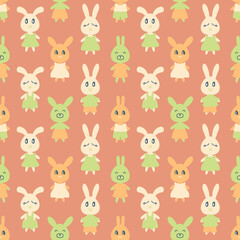 Obraz premium Flat style seamless pattern with cute bunnies. Perfect print for tee, textile and fabric. Hand drawn illustration for decor and design.