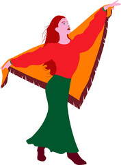 Girl with a headscarf dances in a long skirt, shirt and boots. Color.
Vector illustration of girl with her arms raised to the sides. 
Illustrations of women in vector.