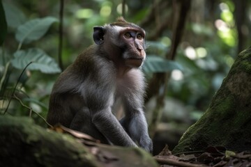 Adult monkey sitting in a woodland in a portrait. Indonesian island of Bali, monkey woodland. Generative AI