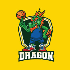 Vector illustration of dragon mascot with basketball player pose with sport logo style