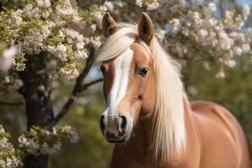 A charming haflinger pony in portrait. Generative AI - obrazy, fototapety, plakaty