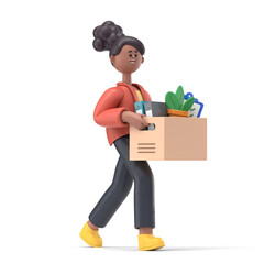 3D illustration of smiling african american woman Coco going to the new job with box. Welcome to the new job business concept. 3D rendering on white background.

