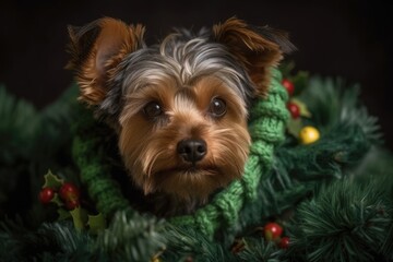 Naklejka premium A Yorkshire Terrier dog wearing a holiday jumper and a wreath. Generative AI