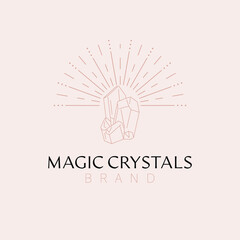 Magic Crystals logo design. Crystal and shine logotype. Bohemian brand logo template.