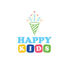 Happy kids logo design. Colorful logo with confetti logotype. Fun cartoon logo template.