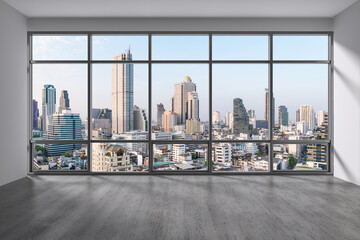 Obraz na płótnie Canvas Empty room Interior Skyscrapers View Bangkok. Downtown City Skyline Buildings from High Rise Window. Beautiful Expensive Real Estate overlooking. Day time. 3d rendering.