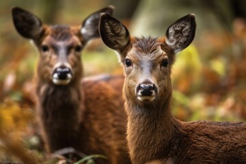 Fototapeta premium Red deer calves in the meadow. Generative AI