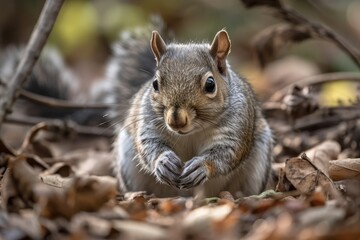 Naklejka na ściany i meble Autumn close up of a baby Grey Squirrel gathering peanuts. Generative AI