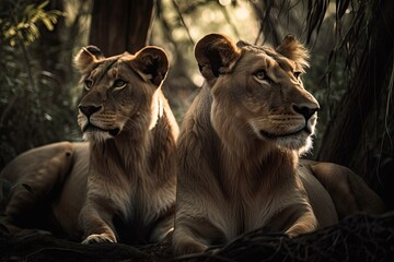 A wild lion and lioness in silhouette sitting on the ground in a forest provides an incredible perspective of these animals against a beautiful background of trees and foliage. A close up shot of an o - obrazy, fototapety, plakaty
