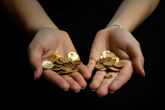Hands Full of Gold Coins, Reflecting Richness, Abundance, Finances, Prizes, Saving, Treasures, between another interpretations, generative ai