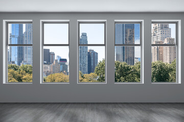 Fototapeta na wymiar Empty room Interior Skyscrapers View Cityscape. Central Park Midtown New York City Manhattan Skyline Buildings from Window. Beautiful Expensive Real Estate. Day time. 3d rendering.