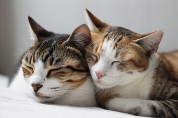 Fototapeta premium cats snoozing side by side. embraced. snobby love. Generative AI