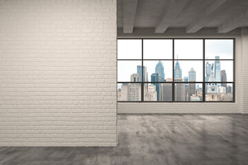 Downtown Philadelphia City Skyline Buildings from High Rise Window. Beautiful Expensive Real Estate overlooking. Empty room Interior. Mockup wall. Skyscrapers Cityscape. Day. Penn. 3d rendering.