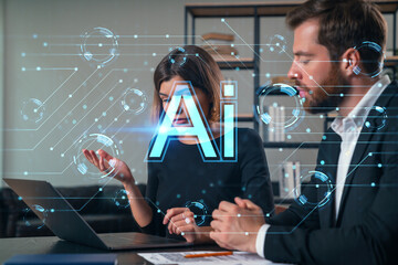 Thoughtful businesspeople working together at office workplace. Concept of team work, business education, internet surfing, brainstorm, project information technology. Ai technology icons