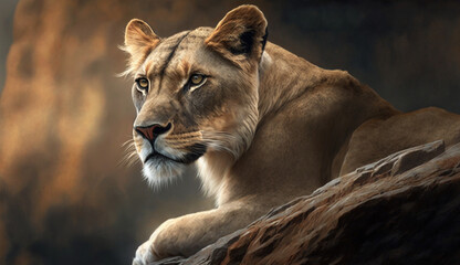 Animal in nature Lioness resting in savannah ,generative AI